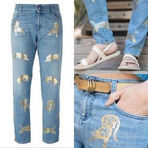 Stella McCartney Indigo Wild Cat Golden Foil Printed Skinny Ankle Jeans 27